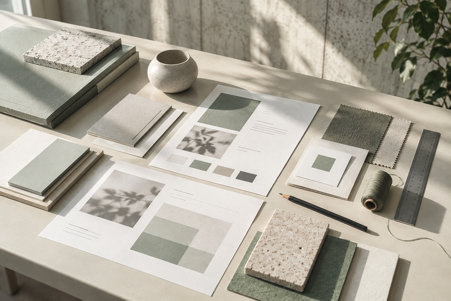 Northstar identity materials arranged on a sunlit studio table